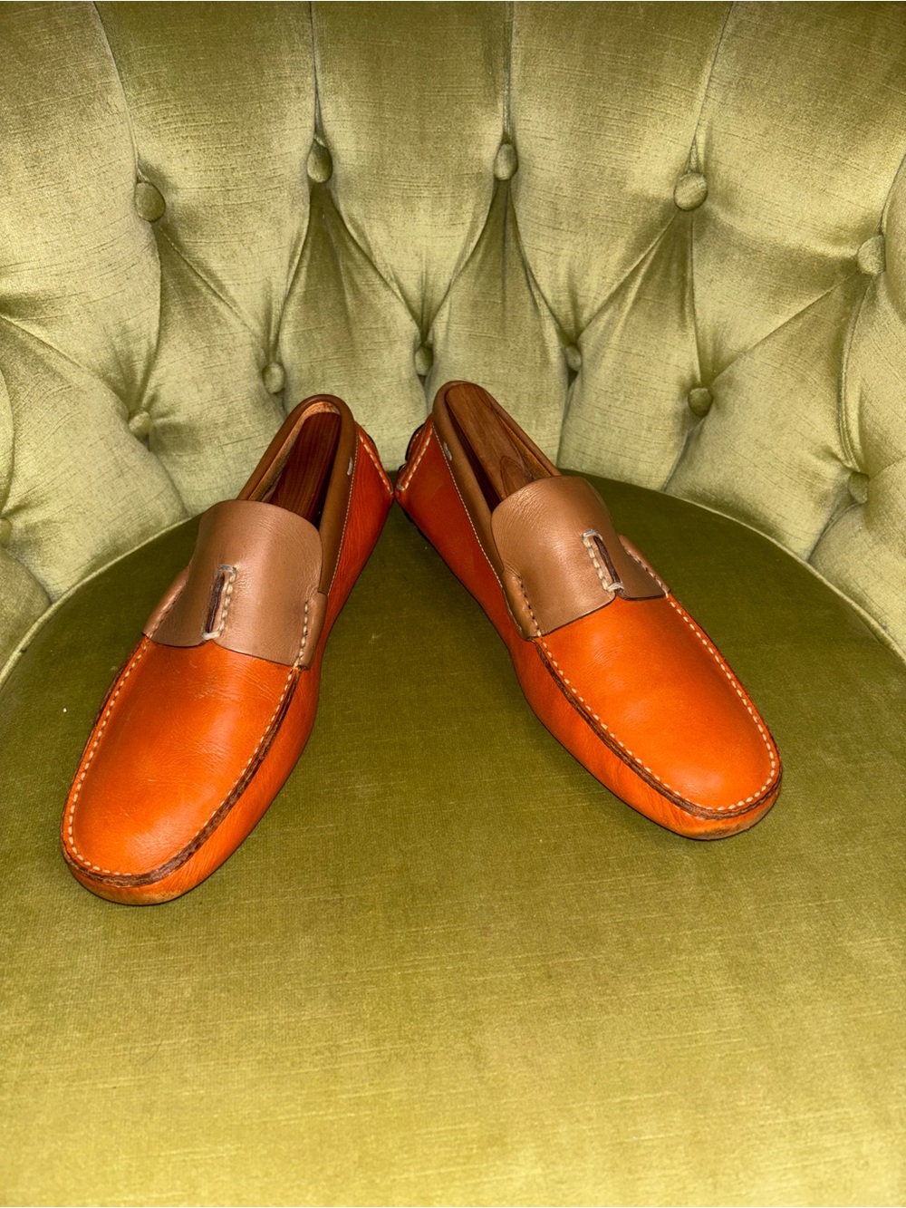 Prada Mens Saffiano Leather Slip On Driving Loafer Orange Tan Men's Size 7 - Picture 10 of 13